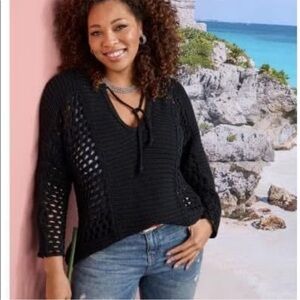 Cabi  Black Beachcomber Open-Knit Women’s Sweater with Tie Neck